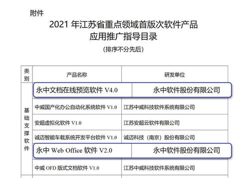 永中軟件入圍江蘇省重點領域首版次軟件產品應用推廣指導目錄，基礎軟件服務實力獲認可